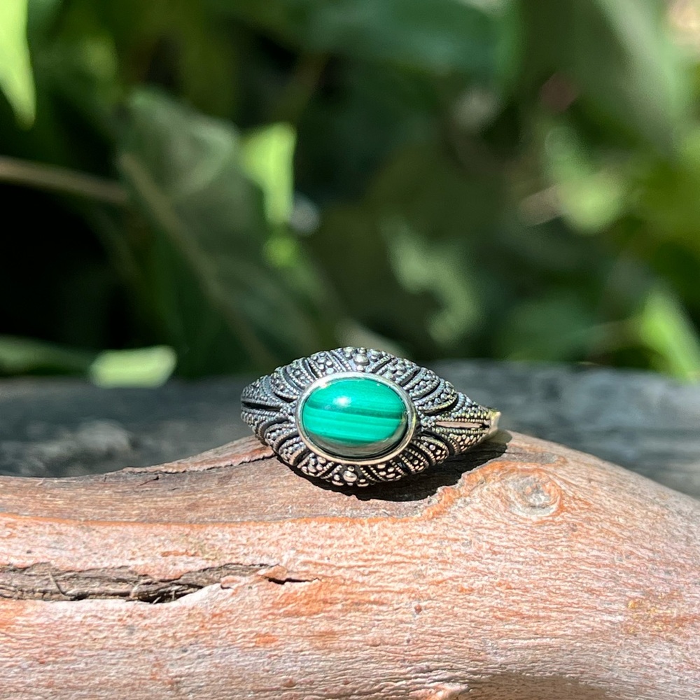Sterling silver adjustable natural malachite ring